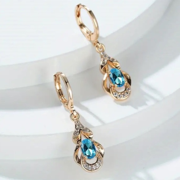 Classic Diamond and Aquamarine Gold Toned Leverback Earrings - Picture 1 of 2